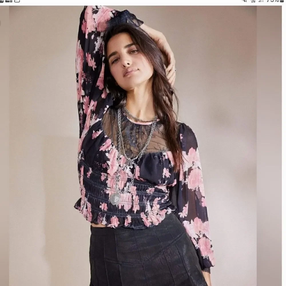 Free People Daphne Blouse Midnight Combo Small Black and Pink Floral